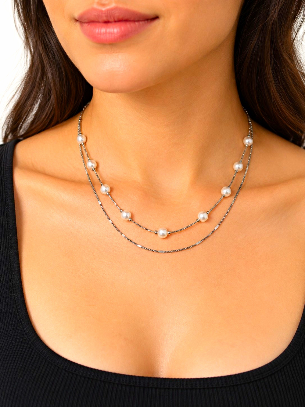 Silver Tone Layered Faux Pearl Choker Necklace Adjustable Two Strand